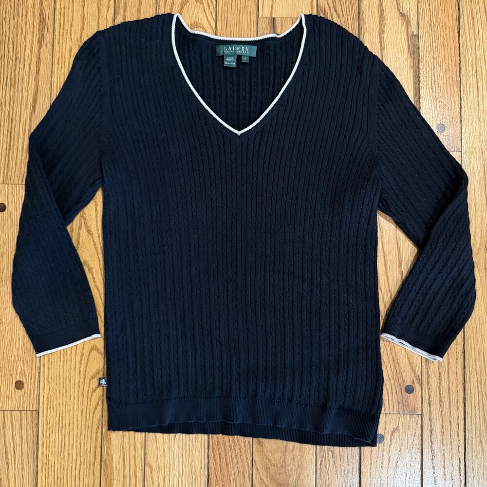 Lauren Ralph Lauren Black Cable Knit V Neck Sweater S Cotton Classic - Picture 1 of 10